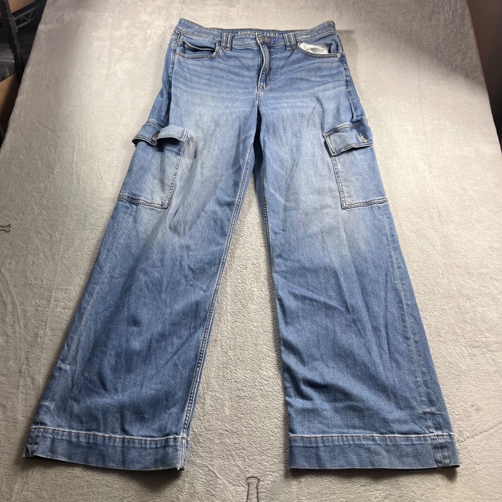 American Eagle Super High-Rise Baggy Wide Leg Cargo Jeans Blue 14 Long